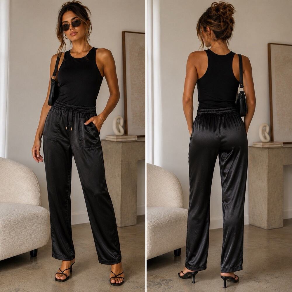 Vince Camuto Womens Black Satin Pull-On Ankle Pants Size 14 Elastic Waist Casual